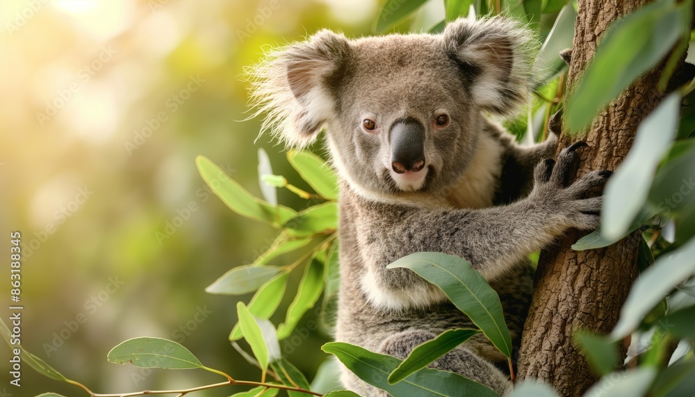 Obraz premium Charming koala bear perched on a tree in the golden Australian sunlight, exemplifying the serenity and natural beauty of its surroundings, with a backdrop of lush green leaves.