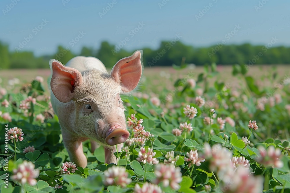 Piglet in Clover Field with Blooming Flowers Under Clear Blue Sky for Nature-Themed Print and Posters Piglet in Clover Field with Blooming Flowers Under Clear Blue Sky for Nature-Themed Print and Posters