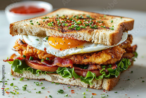 A sandwich with bacon, egg, and lettuce on a white plate. The sandwich is cut in half and has a generous amount of lettuce on top