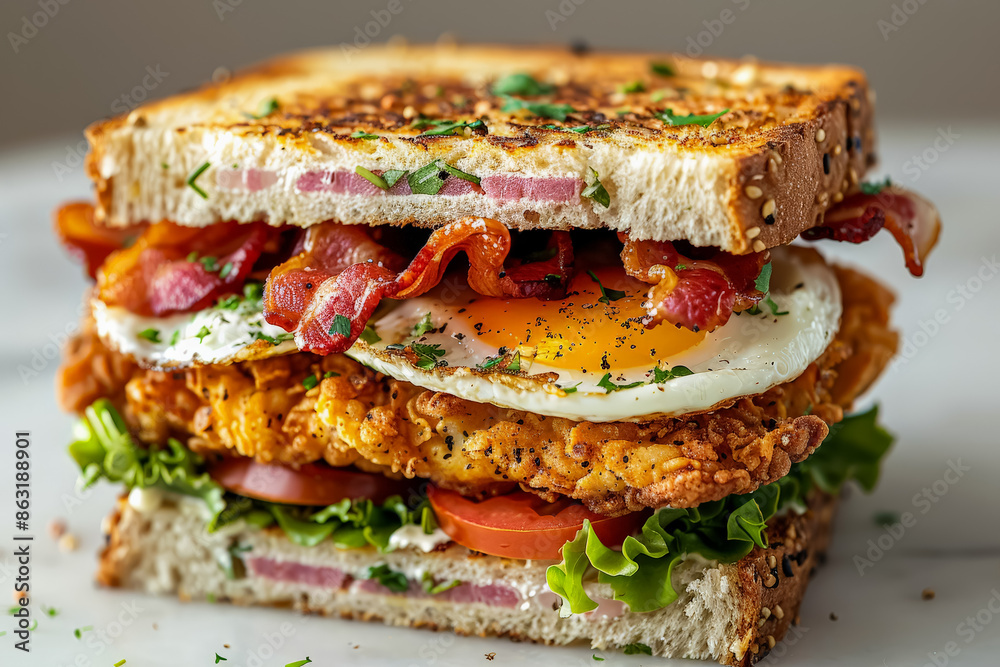 A sandwich with bacon, egg, and lettuce on a white plate. The sandwich is cut in half and has a generous amount of lettuce on top A sandwich with bacon, egg, and lettuce on a white plate. The sandwich is cut in half and has a generous amount of lettuce on top