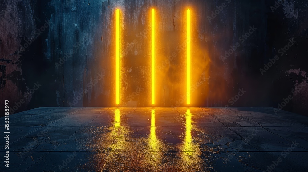 Fototapeta premium Three yellow neon lights casting an intense glow on a dark background, neon light effect illuminating the concrete floor, bright yellow stripes on grungy black walls