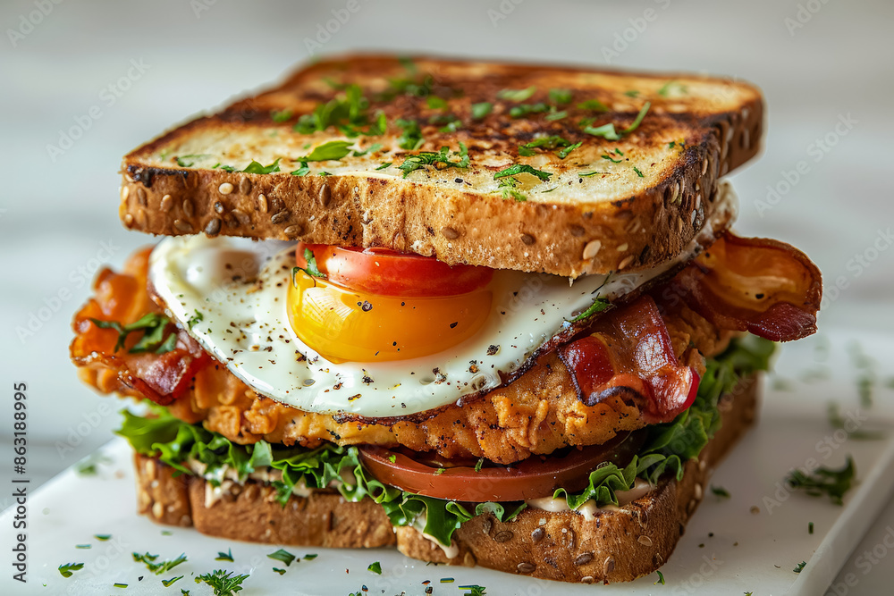 A sandwich with bacon, egg, and lettuce on a white plate. The sandwich is cut in half and has a generous amount of lettuce on top A sandwich with bacon, egg, and lettuce on a white plate. The sandwich is cut in half and has a generous amount of lettuce on top