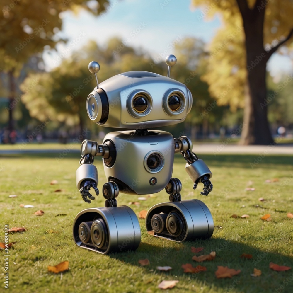 a wind-up robot with wide eyes, watching a child play in the park a wind-up robot with wide eyes, watching a child play in the park