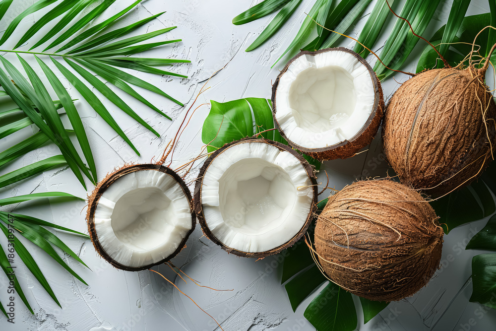 Three coconuts with one of them cut open. The other two coconuts are whole. The coconuts are on a white background with green leaves Three coconuts with one of them cut open. The other two coconuts are whole. The coconuts are on a white background with green leaves