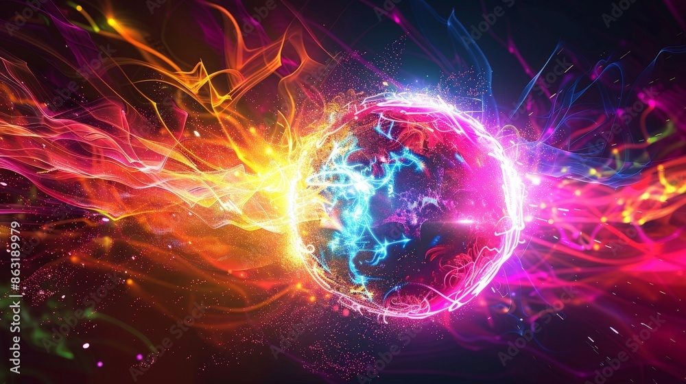 Obraz premium Neon Energy Sphere Surrounded by Dynamic Particles