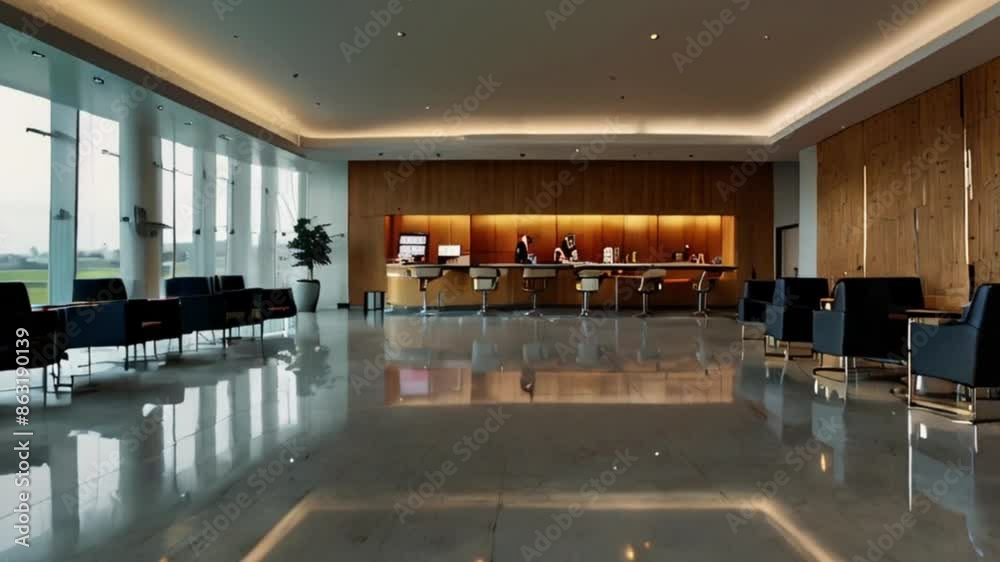 Modern Lobby with Wood Paneling, Reception Desk, and Comfortable Seating Modern Lobby with Wood Paneling, Reception Desk, and Comfortable Seating