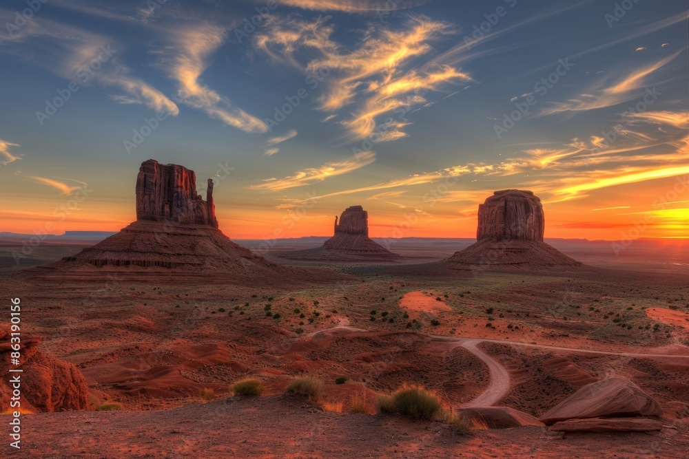 A serene desert scene with a stunning sunset in the background A serene desert scene with a stunning sunset in the background