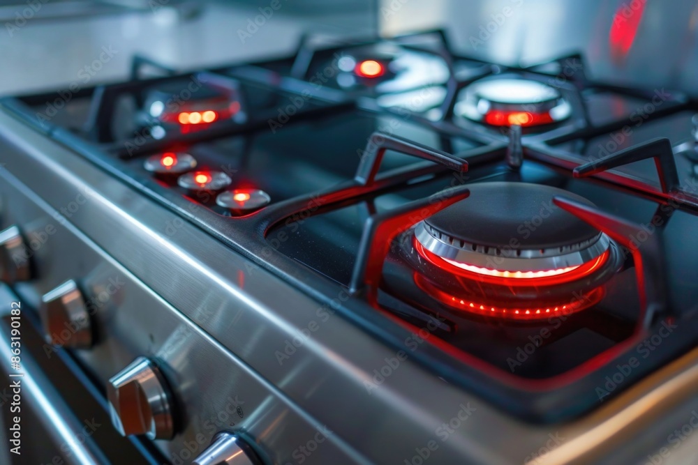 Close-up shot of a gas stove with bright red lights, great for illustrating cooking or warmth scenes Close-up shot of a gas stove with bright red lights, great for illustrating cooking or warmth scenes