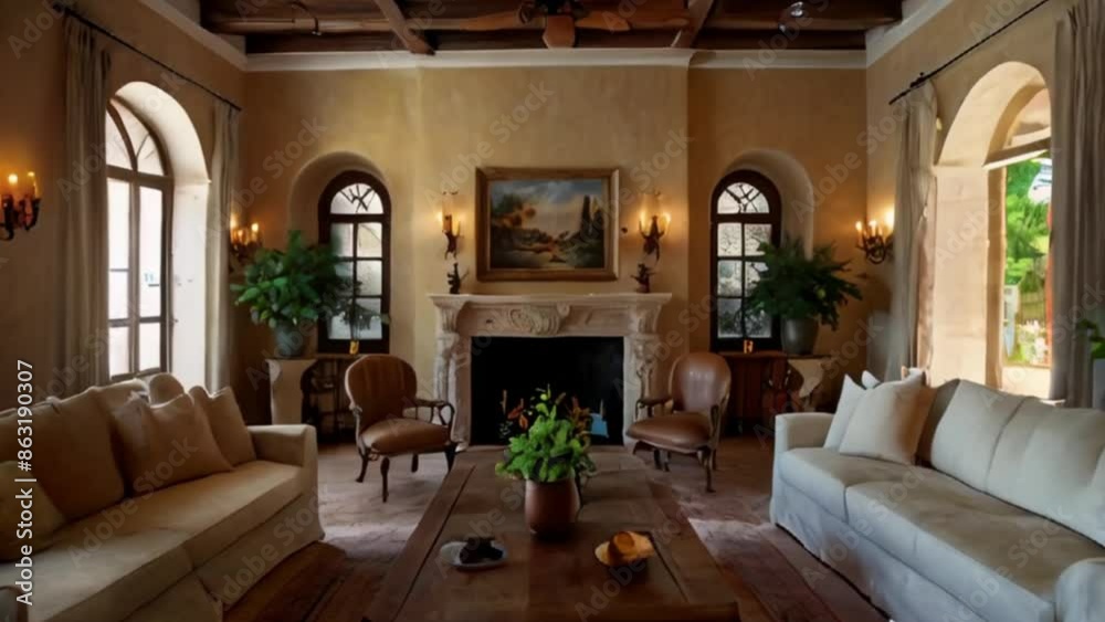 Elegant Living Room with Arched Windows, Fireplace, and Cream Couches Elegant Living Room with Arched Windows, Fireplace, and Cream Couches