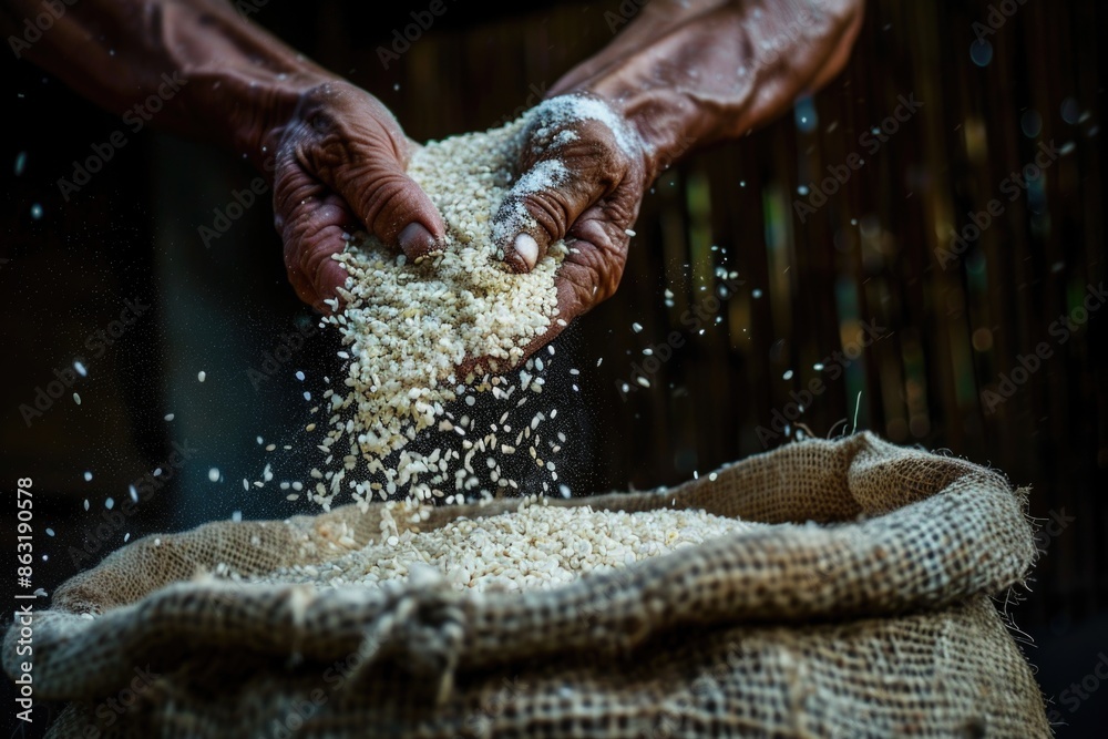 A person is scooping rice out of a sack A person is scooping rice out of a sack
