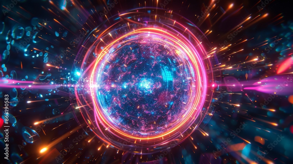 Obraz premium Neon Energy Sphere Surrounded by Dynamic Particles