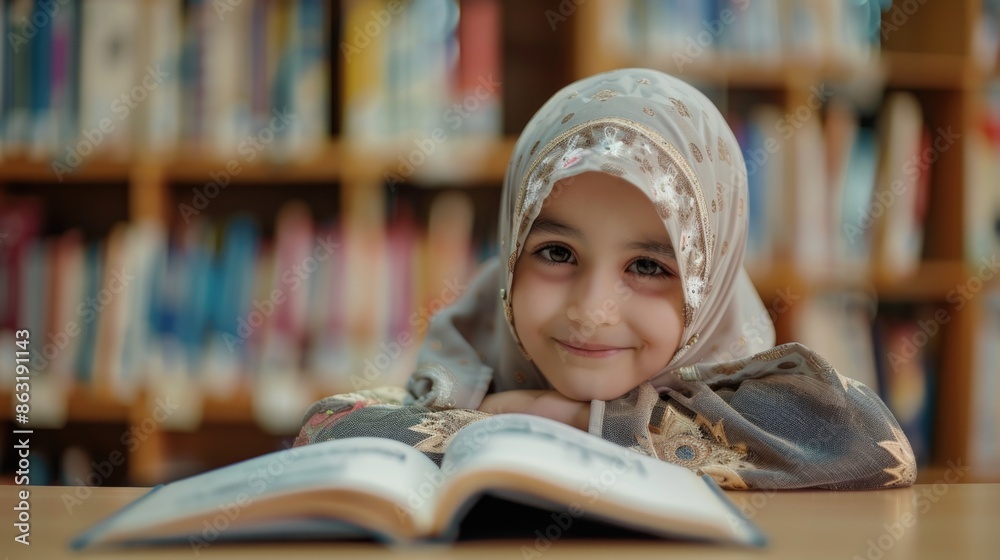 A young girl sitting at a table in a quiet library, focused on her book A young girl sitting at a table in a quiet library, focused on her book
