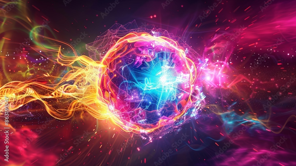 Obraz premium Neon Energy Sphere Surrounded by Dynamic Particles