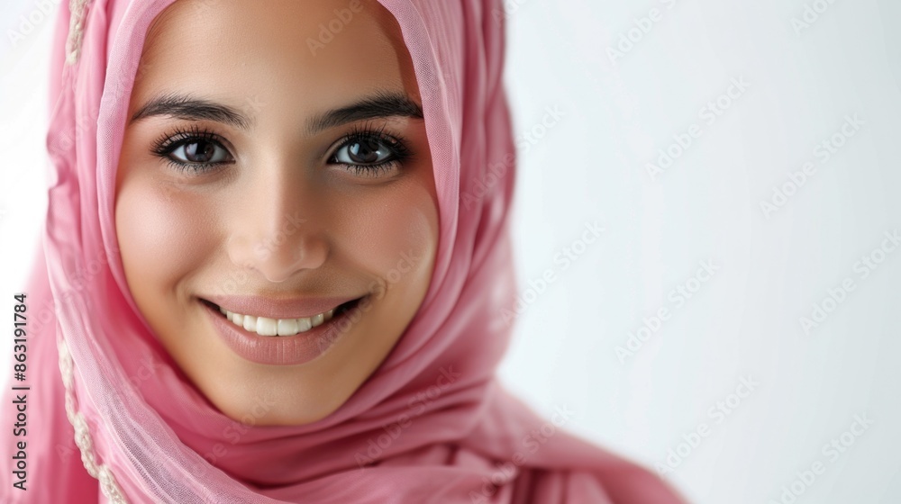 A woman wearing a pink hijab smiles directly at the camera A woman wearing a pink hijab smiles directly at the camera