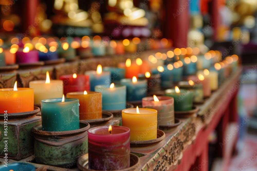 A row of colorful lit candles on a table A row of colorful lit candles on a table
