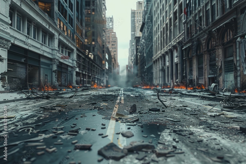 A urban scene filled with rubble and debris after a natural disaster or war A urban scene filled with rubble and debris after a natural disaster or war