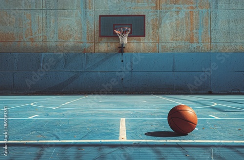 Basketball on Blue Court With Shadow of Net and Wall