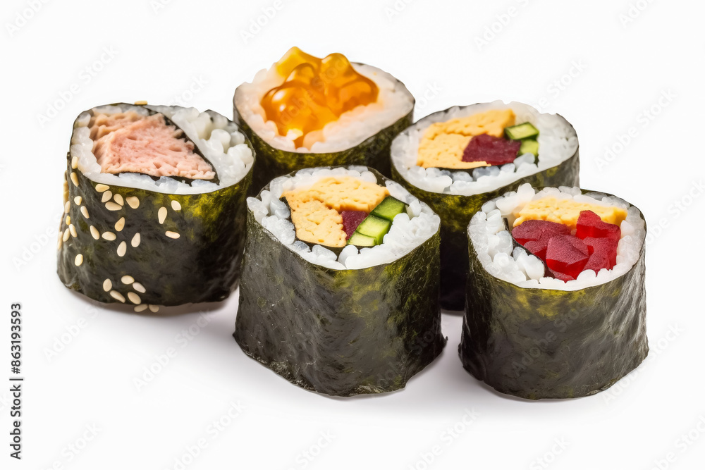 A sushi roll with avocado and salmon on top. The sushi roll is on a white plate with a green garnish A sushi roll with avocado and salmon on top. The sushi roll is on a white plate with a green garnish