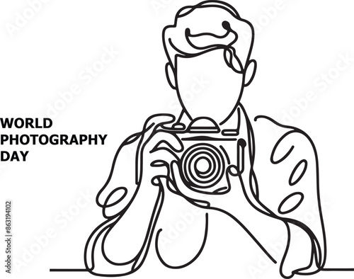 Single one line drawing Photographer with camera. World photography day concept. Continuous line draw design graphic vector illustration.