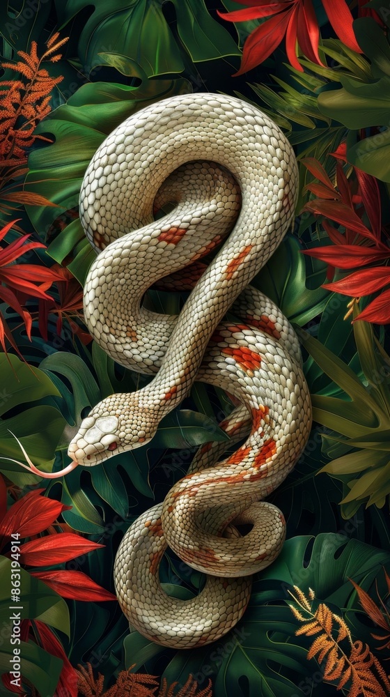 Fototapeta premium Coiled Serpentine Snake Slithering Amidst Lush Tropical Foliage in Aesthetic