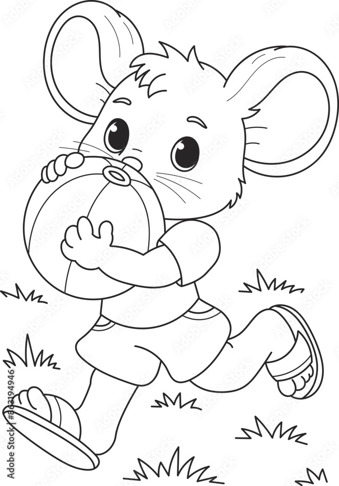 Obraz premium Coloring page outline of the cartoon smiling cute mouse with a big ball. Colorful vector illustration, summer coloring book for kids.