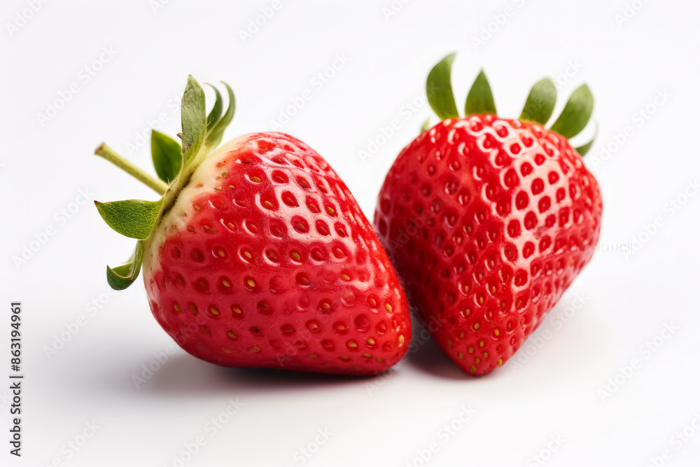 Two red strawberries are placed next to each other on a white background. Concept of freshness and natural beauty, as the strawberries are ripe and ready to be eaten Two red strawberries are placed next to each other on a white background. Concept of freshness and natural beauty, as the strawberries are ripe and ready to be eaten