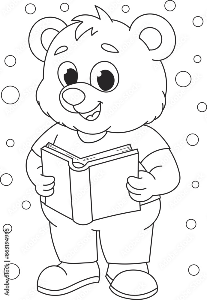 Coloring page outline of the cartoon smiling cute bear with a book ...