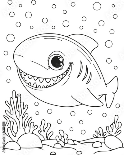 Coloring page outline of the cartoon smiling fish, shark. Colorful vector illustration, summer coloring book for kids.
