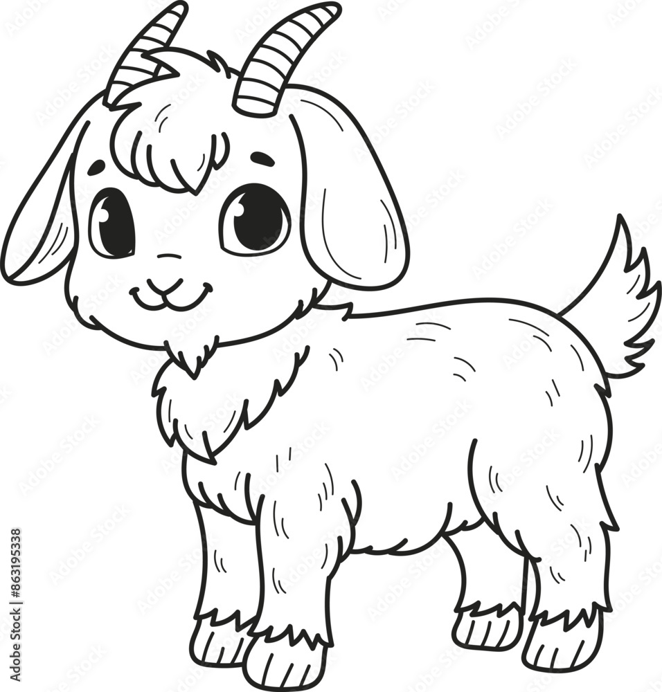 Coloring page outline of the cartoon smiling cute little goat. Colorful vector illustration, summer coloring book for kids. Coloring page outline of the cartoon smiling cute little goat. Colorful vector illustration, summer coloring book for kids.