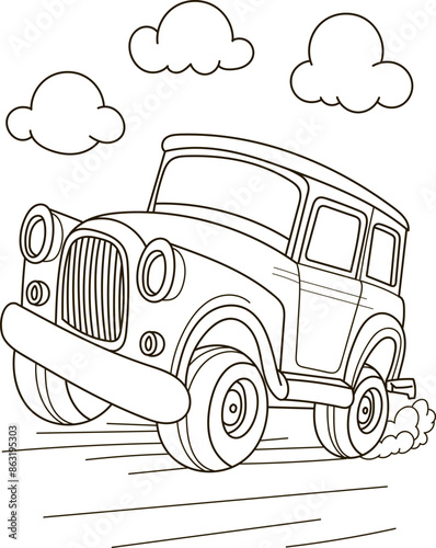 Coloring page outline of the cartoon big truck car. Colorful vector illustration, summer coloring book for kids.