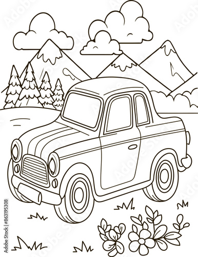 Coloring page outline of the cartoon big truck car. Colorful vector illustration, summer coloring book for kids.
