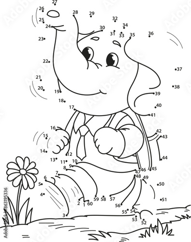 Connect the dots. Elephant. Coloring page outline of the cartoon numbers game. Colorful vector illustration of educational dot to dot game for preschool children, summer coloring book for kids. 