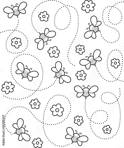 Coloring page outline of cartoon bees. Educational exercise, preschool worksheet for practicing fine motor skills, tracing dashed lines, colorful vector illustration, A4 coloring book for kids.