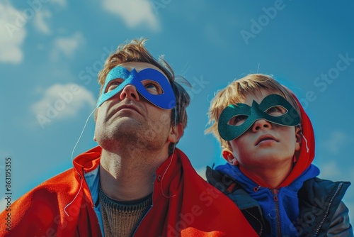 A photo of a man and a young boy both wearing masks, likely for a costume party or to conceal their identities
