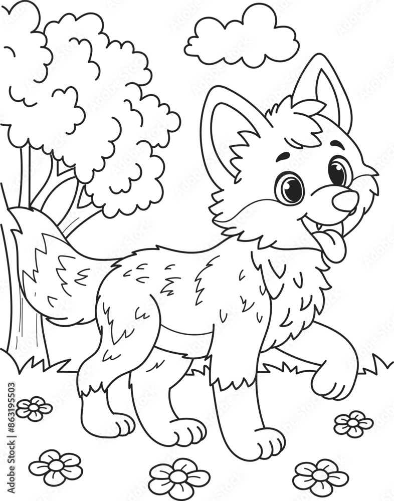Coloring page outline of the cartoon smiling cute wolf. Colorful vector illustration, summer coloring book for kids. Coloring page outline of the cartoon smiling cute wolf. Colorful vector illustration, summer coloring book for kids.