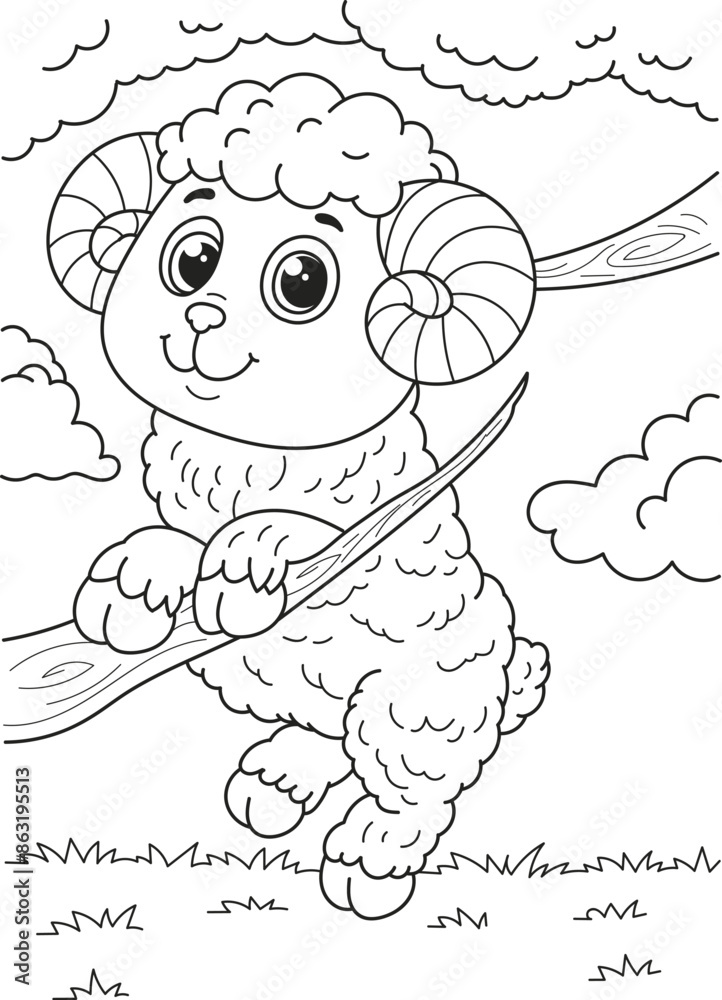 Obraz premium Coloring page outline of the cartoon smiling cute little sheep. Colorful vector illustration, summer coloring book for kids.