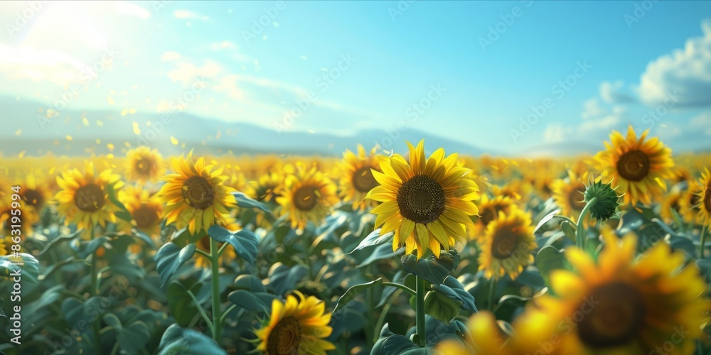 Obraz premium Sunflower fields, bright colors and realistically detailed textures.