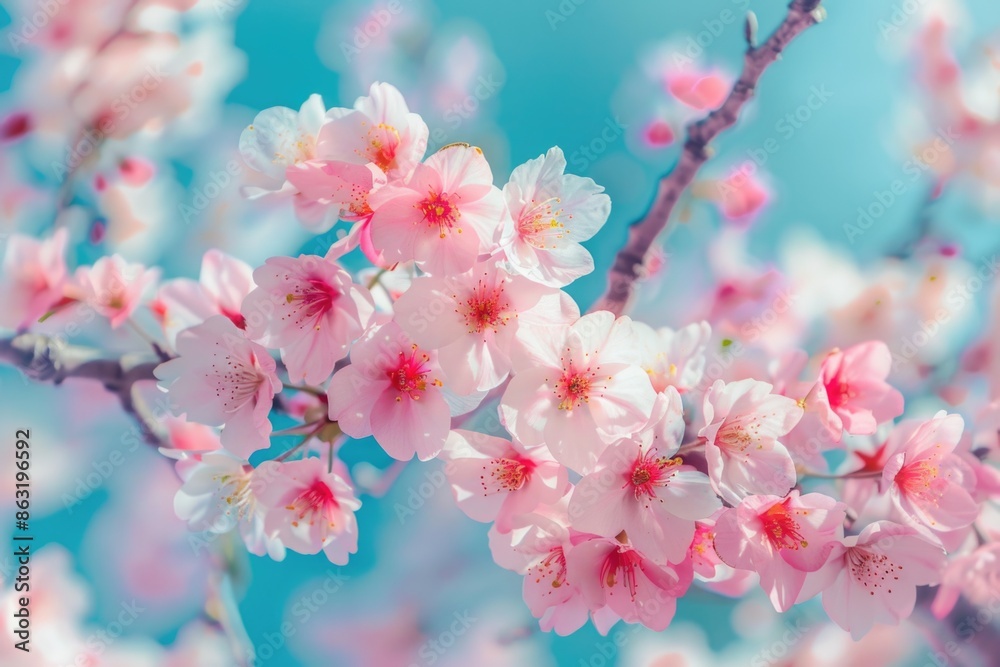 A close-up shot of a tree branch covered in bright pink flowers A close-up shot of a tree branch covered in bright pink flowers