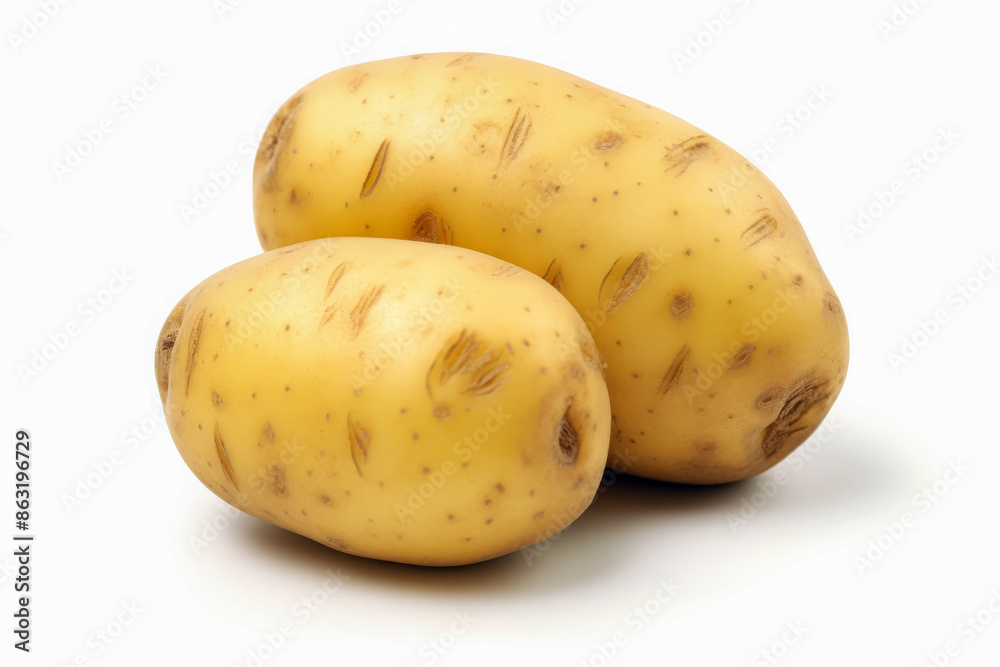 Two large yellow potatoes are sitting on a white background. The potatoes are unpeeled and appear to be fresh Two large yellow potatoes are sitting on a white background. The potatoes are unpeeled and appear to be fresh