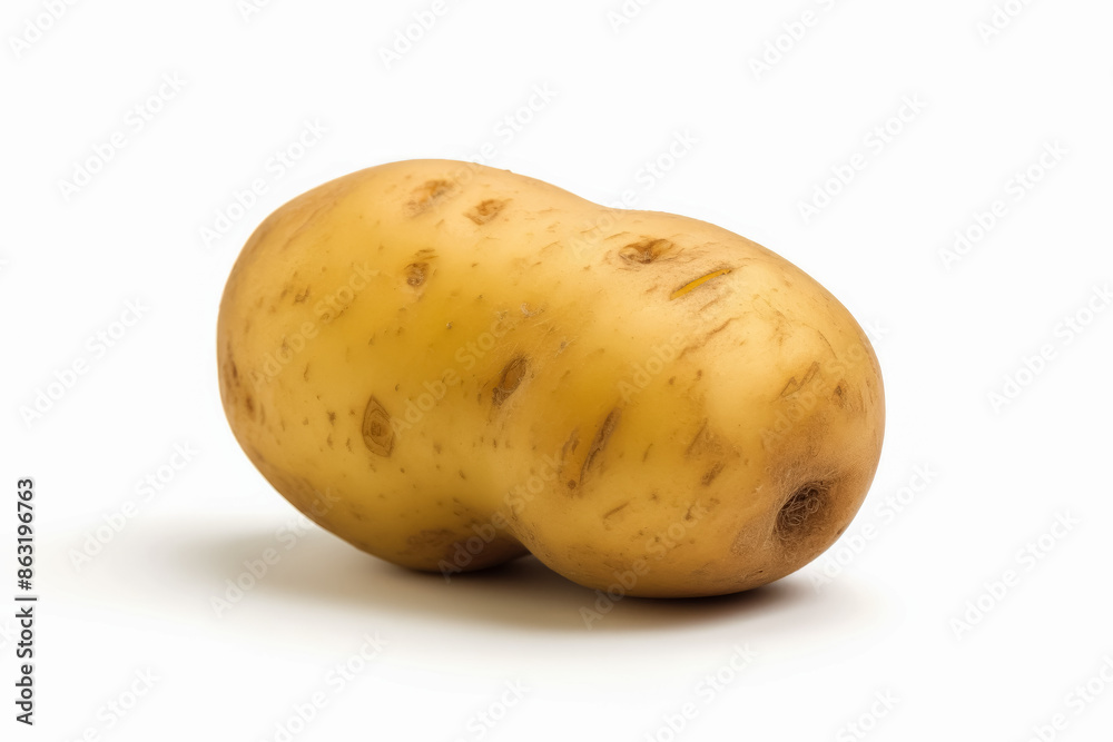 A large yellow potato sits on a white background. The potatoes are unpeeled and look fresh. A large yellow potato sits on a white background. The potatoes are unpeeled and look fresh.