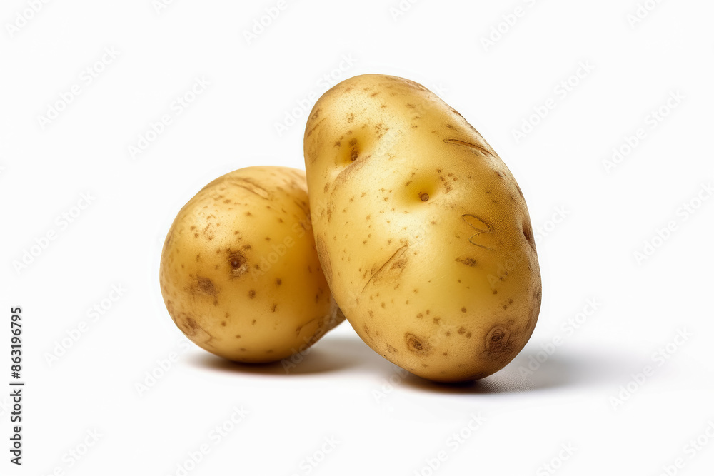 Two large yellow potatoes are sitting on a white background. The potatoes are unpeeled and appear to be fresh Two large yellow potatoes are sitting on a white background. The potatoes are unpeeled and appear to be fresh