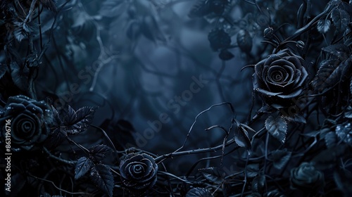 Fototapeta Naklejka Na Ścianę i Meble -  A cluster of black roses grows in the midst of a dark and mysterious forest, perfect for use in scenes where death or mourning are involved