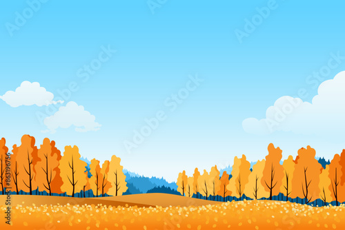 Autumn landscape of a wheat field, a beautiful forest with yellow leaves and crowns. Meadows and forest in autumn season with amazing blue sky with clouds. Vector illustration for design.
