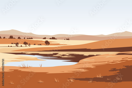 Steppe landscape. Beautiful vector illustration of a steppe with arid plains and amazing hills, river, trees and yellow grass. Steppe in autumn autumn.