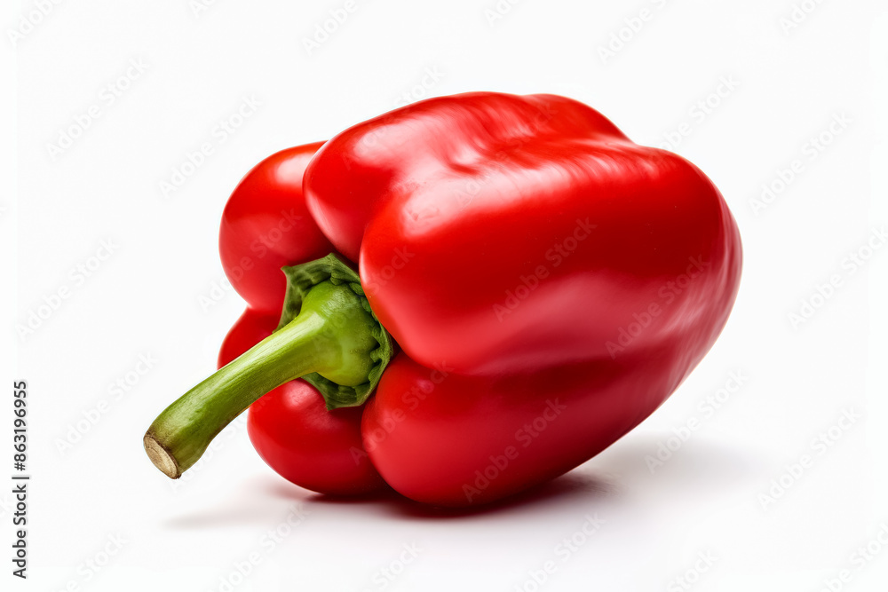 A red pepper is shown with its stem still attached. The pepper is fresh and ready to be eaten A red pepper is shown with its stem still attached. The pepper is fresh and ready to be eaten