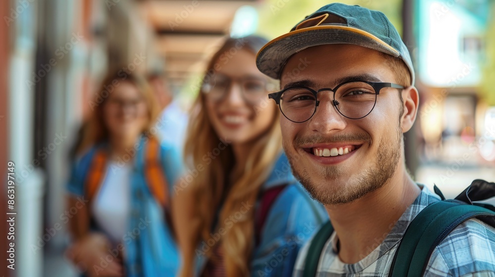 Obraz premium Smiling Young Adult Man Outdoors with Friends During Daytime Street Adventure