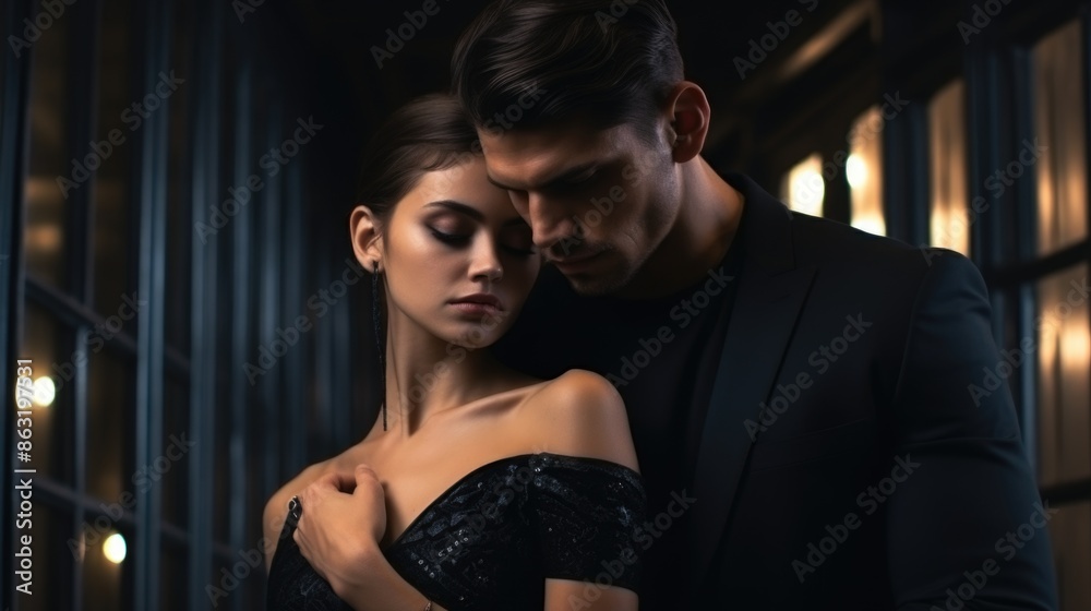 Elegant Couple in Black Evening Attire Embracing in Dimly Lit Luxurious Venue