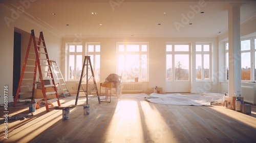 Unfinished room renovation with ladder, paint bucket, white walls, windows in empty living space