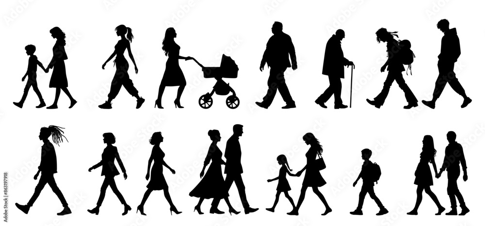 Naklejka premium vector illustration. silhouettes of people walking along the street. Large set of characters of different ages. 