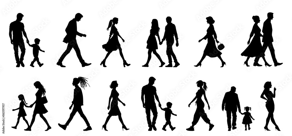 vector illustration. silhouettes of people walking along the street. Large set of characters of different ages. vector illustration. silhouettes of people walking along the street. Large set of characters of different ages.